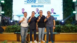 Kiri ke kanan: AVP External Communication Telkom Sabri Rasyid, VP Sustainability Telkom Gunawan Wasisto Ciptaning Andri, SVP Group Sustainability and Corporate Communication Telkom Ahmad Reza, dan EVP Telkom Regional 1 Dwi Pratomo Juniarto pada sesi media update di acara GoZero% Goes to Medan. Foto Istimewa.