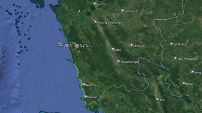 Pusat gempa Mandailing Natal 5,3 magnitudo pada Senin, 12 Mei 2025. Foto tangkap layar Google Earth berdasarkan koordinat BMKG.
