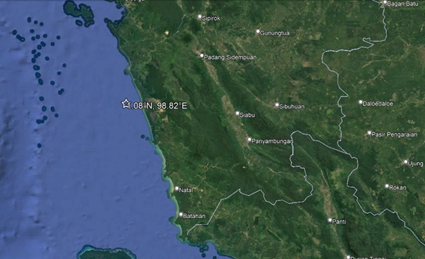 Pusat gempa Mandailing Natal 5,3 magnitudo pada Senin, 12 Mei 2025. Foto tangkap layar Google Earth berdasarkan koordinat BMKG.