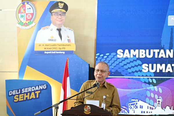 Pj Sekdaprov Sumatera Utara, Arman Effendy Pohan menghadiri dan membuka Musrenbang RPJMD Kabupaten Deli Serdang 2025-2029, di Aula Cendana Kantor Bupati Deli Serdang, Selasa, 27 Mei 2025. Foto YT Hariono.