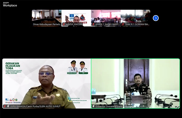 Gubernur Sumatera Utara Bobby Afif Nasution turut dalam Sosialiasi dan Edukasi Kaldera Toba, yang digelar Dinas Kebudayaan Pariwisata dan Ekonomi Kreatif Sumut melalui daring, Selasa, 3 Juni 2025. Foto Istimewa.