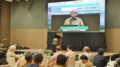 Wakil Gubernur Sumatera Utara Surya menghadiri dialog para pihak dan sosialisasi Kelompok Kerja Perlindungan dan Pengelolaan Terpadu Ekosistem Hutan Batangtoru di Hotel Santika Premiere Dyandra Hotel & Convention, Jalan Kapten Maulana Lubis, Medan, Selasa, 24 Juni 2025. Foto Munawar Harahap.