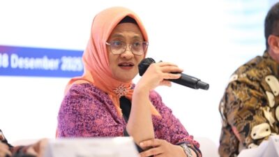 Direktur Utama Telkom Dian Siswarini di acara penandatanganan akta pemisahan (deed of spin-off) InfraNexia di Jakarta, pada Kamis, 18 Desember 2025.