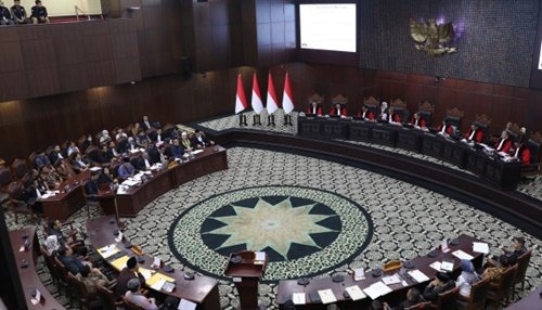 Suasana sidang pemeriksaan gugatan kelengkapan dan keabsahan syarat Gibran saat maju Cawapres 2024, di ruang sidang Mahkamah Konstitusi pada Senin, 21 September 2026. Foto Ifa.